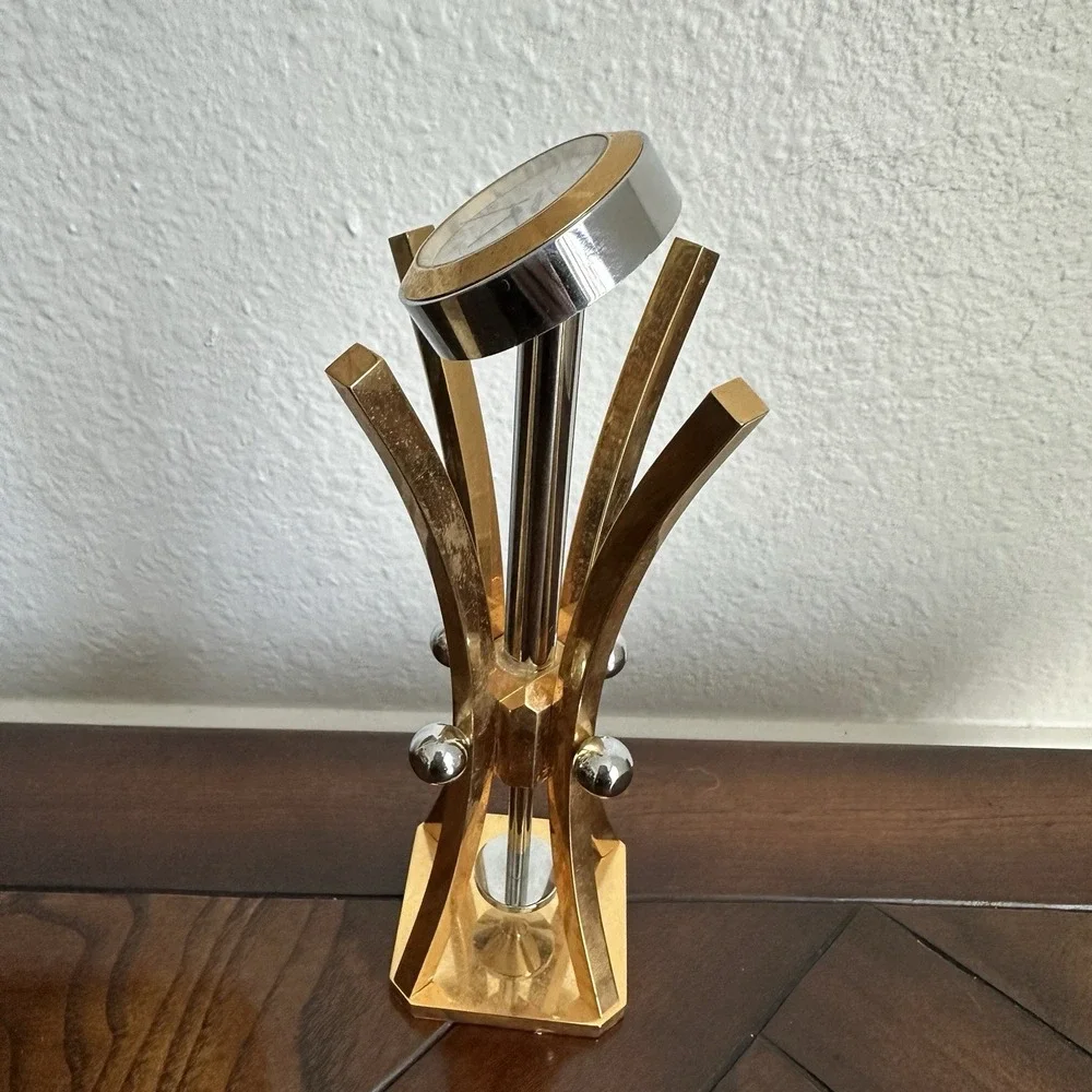 Vintage Verizon Brass Pedestal Quartz Clock 7 Inch MCM Atomic‎ Style Gold Rare